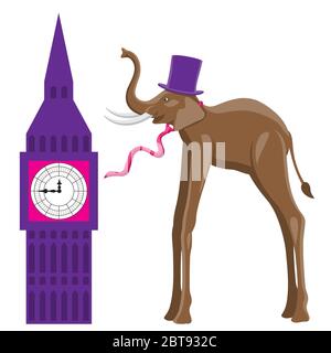 an elephant in a hat and tie building with a clock on a white isolated background. Vector image Stock Vector