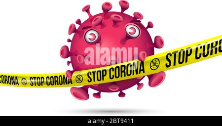 Purple red virus behind stretched yellow barrier tape with imprint - Stop Corona Stock Vector