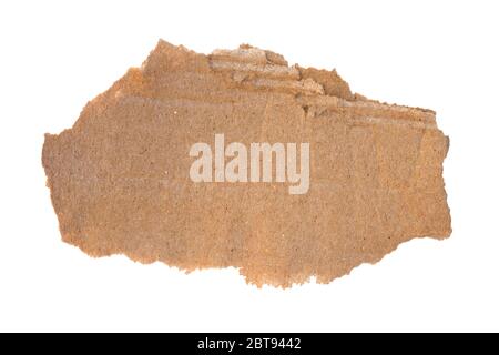 A piece of cardboard on a white background isolate. Brown uneven corrugated cardboard. Thick brown paper top view. Stock Photo