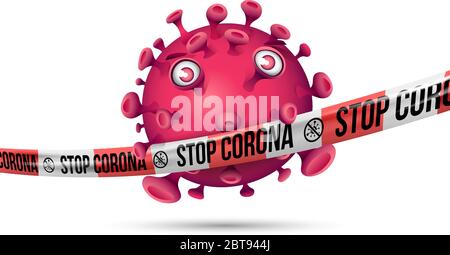 Purple red virus behind stretched red-white barrier tape with imprint - Stop Corona Stock Vector