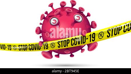Purple red virus behind stretched yellow barrier tape with imprint - Stop Covid-19 Stock Vector