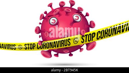 Purple red virus behind stretched yellow barrier tape with imprint - Stop Coronavirus Stock Vector