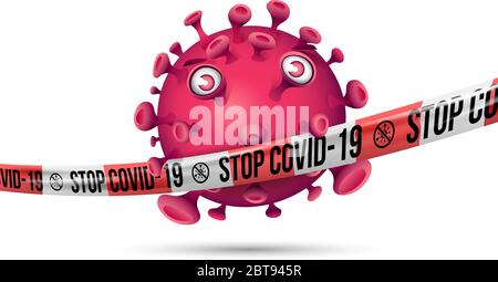 Purple red virus behind stretched red-white barrier tape with imprint - Stop Covid-19 Stock Vector