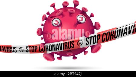 Purple red virus behind stretched red-white barrier tape with imprint - Stop Coronavirus Stock Vector