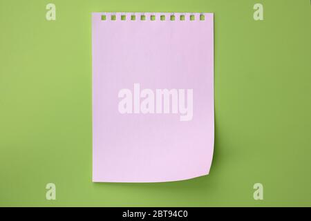 White torn sheet of notebook on light green background, top view. A piece of paper is empty on a plain colored background. Copy space. white paper she Stock Photo