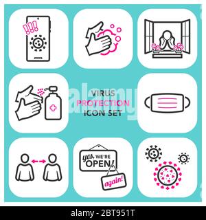 Virus protection and precaution icon set in two colors. Stock Vector