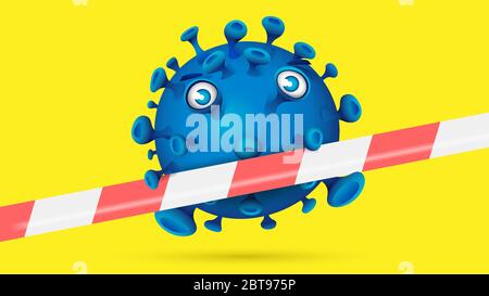 Blue virus behind red-white barrier tape and yellow background Stock Vector