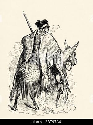 Farmer peasant riding a donkey dressed in traditional clothes, Granada province. Andalusia, Spain, Europe. Old 19th century engraved illustration, El Mundo en la Mano 1878 Stock Photo
