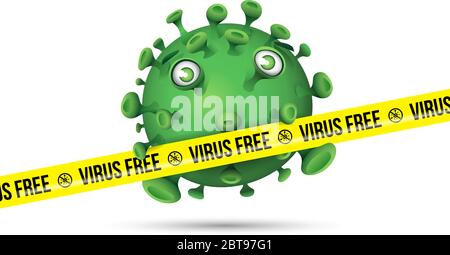 A green cute cartoon style virus behind a yellow security tape with the message - Virus Free Stock Vector