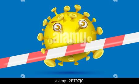 Yellow virus behind red-white barrier tape and blue background Stock Vector