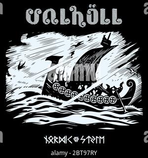 Warship of the Vikings. Drakkar, ancient scandinavian pattern and norse runes Stock Vector