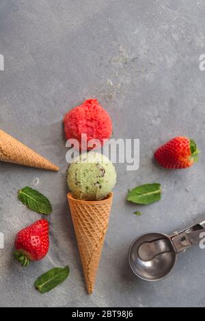 Ice cream with strawberry and mint and chocolate Stock Photo
