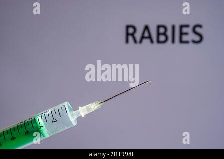 This photo illustration shows a disposable syringe with hypodermic needle, RABIES written on a grey board behind Stock Photo