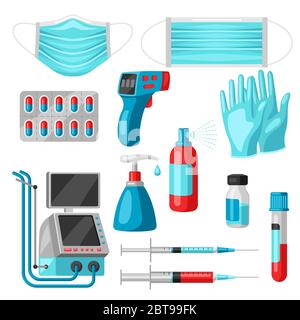 Set of medical equipment and protection. Stock Vector