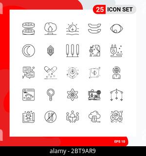 25 User Interface Line Pack of modern Signs and Symbols of moon, human, sun, face, kayak Editable Vector Design Elements Stock Vector