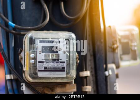 Old watthour meter of electricity for use in home appliance with copy space.Electric power meter measuring power usage. Outdoor waterproof single phas Stock Photo