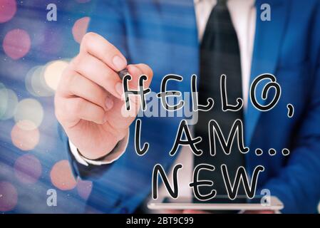 Word writing text Hello I Am New. Business photo showcasing used greeting or begin telephone conversation Stock Photo