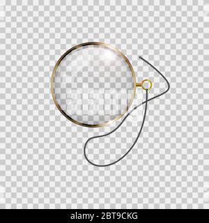 Golden monocle with lace isolated on checkered background. Realistic illustration. Stock Photo