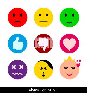 Emoticons, social media symbols set. Cute smiley emoticons, emoji flat design, illustration. Stock Photo