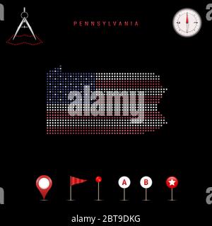 Pennsylvania pixel flag map icon. 8 bit pixel art map covered with ...