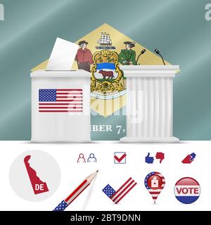 Presidential elections in Delaware. waving flag, realistic ballot box, public speaker's podium, silhouette map and voting icon set. Stock Photo