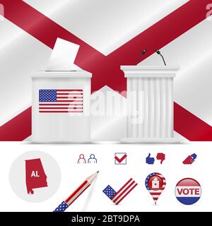 Presidential elections in Alabama. waving flag, realistic ballot box, public speaker's podium, silhouette map and voting icon set. Stock Photo
