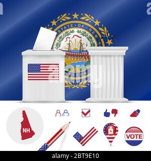Presidential elections in New Hampshire. waving flag, realistic ballot box, public speaker's podium, silhouette map and voting icon set. Stock Photo