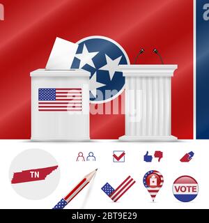 Presidential elections in Tennessee. waving flag, realistic ballot box, public speaker's podium, silhouette map and voting icon set. Stock Photo