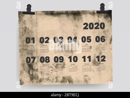 Calendar 2020 Planner on Old Paper A4 Template Stock Vector