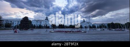 KRAMATORSK, UKRAINE - JULY 13, 2019: Main square of Kramatorsk. Cloudy day at the mid of July. Panorama shot Stock Photo