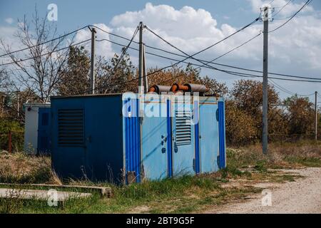 Diesel powered Emergency backup Electric blue Generator. Stock Photo