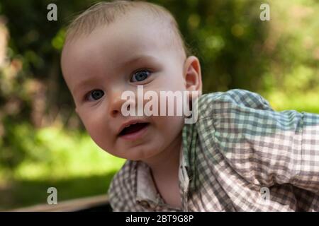 Adorable nine-month old baby boy enjoys being outdoors in Manor Farm Country Park, Hampshire, England, UK.  MODEL RELEASED Stock Photo