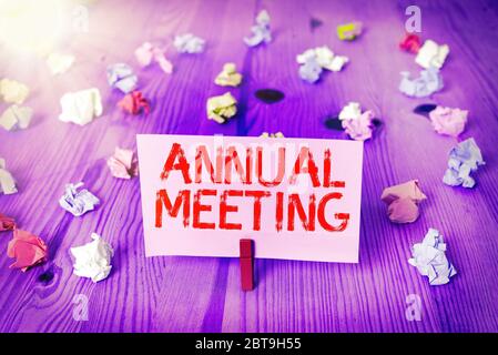 Handwriting text Annual Meeting. Conceptual photo yearly meeting of the general membership of an organization Stock Photo