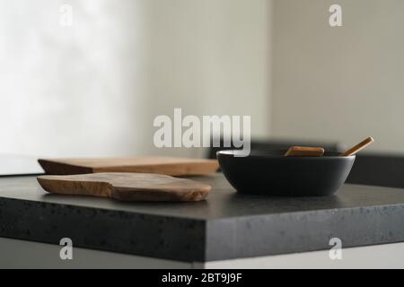 Modern minimalistic kitchen interior with concrete terrazzo countertop Stock Photo
