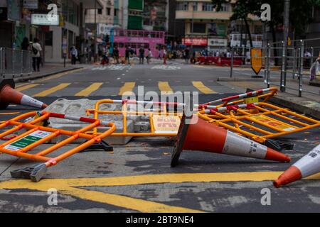 Hong Kong, 24th May 2020. Protestors leave barricades on the roads. Credit: David Ogg / Alamy Live News Stock Photo