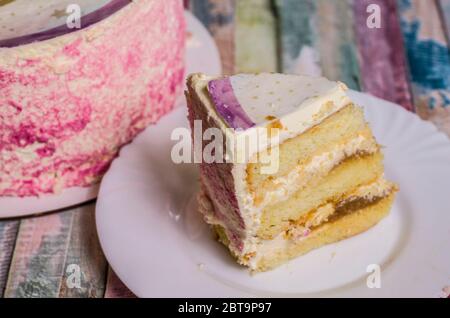 Piece of caramel cake with cream. Food dessert photo. Stock Photo