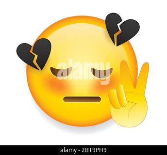 High quality emoticon on white background.Emoticon with broken heart.Peace sign emoticon.Sad emoji isolated on white background.Black heart emoticon. Stock Vector