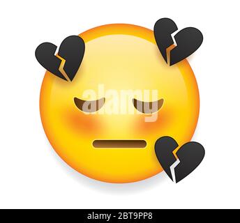 High quality emoticon on white background.Emoticon with broken heart.Sad emoji isolated on white background.Black heart emoticon. Broken heart emoji. Stock Vector