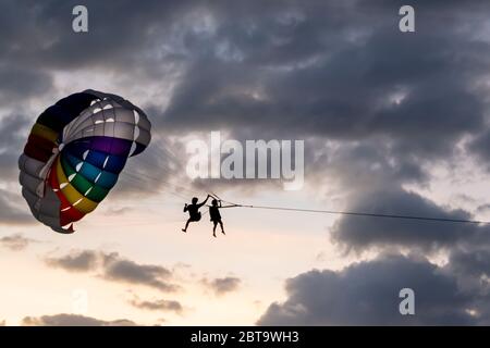 people ride, fly on a parachute along the coast over the sea against the background of a wonderful sunset. Attraction entertainment for tourists in th Stock Photo