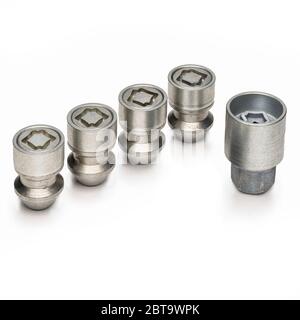 car lock nuts, wheel nut that protect the wheels from theft. close-up of the isolate on a white background. Stock Photo