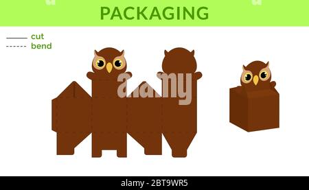 Adorable DIY party favor box for birthdays, baby showers with cute owl for sweets, candies, small presents. Printable color scheme. Stock Vector