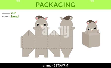 Adorable DIY party favor box for birthdays, baby showers with cute donkey for sweets, candies, small presents. Printable color scheme. Stock Vector