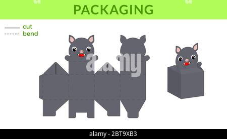 Adorable DIY party favor box for birthdays, baby showers with cute bat for sweets, candies, small presents. Printable color scheme. Stock Vector