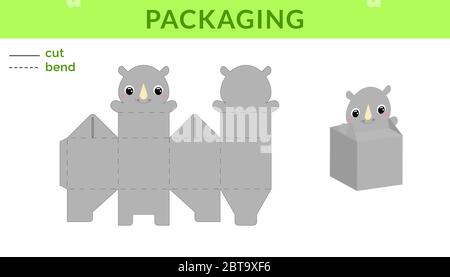 Adorable DIY party favor box for birthdays, baby showers with cute rhino for sweets, candies, small presents. Printable color scheme. Stock Vector