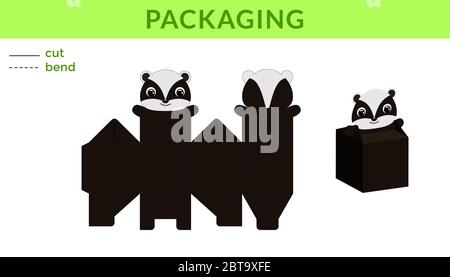 Adorable DIY party favor box for birthdays, baby showers with cute badger for sweets, candies, small presents. Printable color scheme. Stock Vector