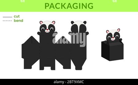 Adorable DIY party favor box for birthdays, baby showers with cute skunk for sweets, candies, small presents. Printable color scheme. Stock Vector