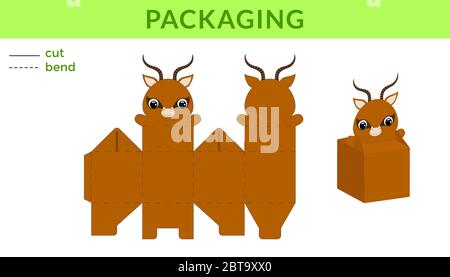 Adorable DIY party favor box for birthdays, baby showers with cute gazelle for sweets, candies, small presents. Printable color scheme. Stock Vector