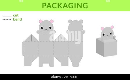 Adorable DIY party favor box for birthdays, baby showers with cute mouse for sweets, candies, small presents. Printable color scheme. Stock Vector