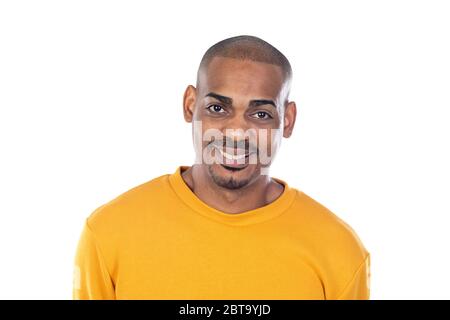 Afroamerican guy wearing a yellow jersey isolated on a white background Stock Photo