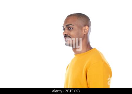 Afroamerican guy wearing a yellow jersey isolated on a white background Stock Photo